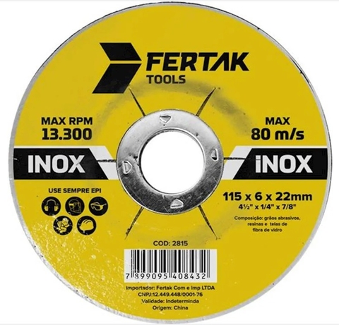 Disco De Desbaste 4-1/2 X 1/4 X 7/8" Inox Fertak 2815