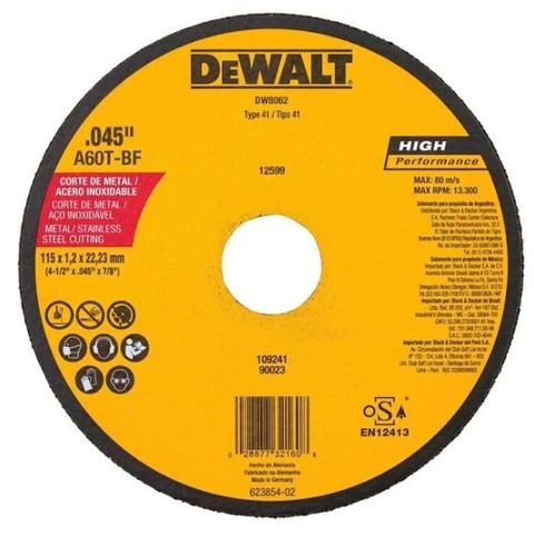 Disco De Corte Metal/Inox DeWalt DW8062