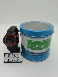 RELOJ OCEAN DR MALLA SILICONA NEGRA CON DETALLES ROJOS
