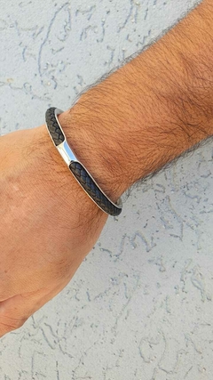 Media esclava de acero quirurgico con detalle de cuero trenzado negro SALVATORE