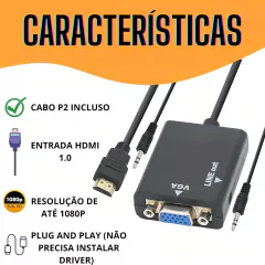Imagem do Conversor Adaptador Hdmi Para Vga Com Saída De Áudio E Cabo P2