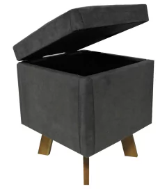 PUFF BAU QUADRADO ESTILO RETRO SUEDE CINZA PÉS DE MADEIRA