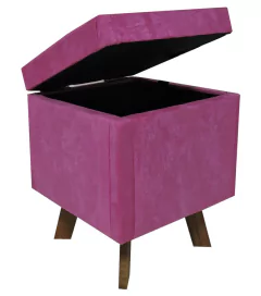PUFF BAU QUADRADO ESTILO RETRO SUEDE ROSA PÉS DE MADEIRA