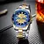 Relógio Curren Luxo Masculino com design mecânico, mostrador azul e detalhes em dourado, em uma superfície escura.