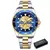 Relógio mecânico masculino da marca Curren com design elegante em azul e dourado, com mostrador detalhado e pulseira de metal.