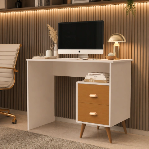 Mesa Para Computador Escrivaninha 2 Gavetas Pés Palito New Off White com Nature - MJM Casa dos Móveis