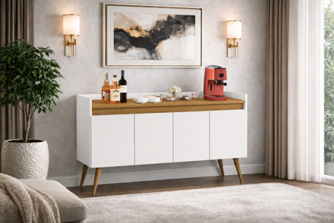 Aparador Buffet 4 Portas Luxo Pés Palito cor Branco / Madeirado - MJM Casa dos Moveis