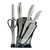 Conjunto de facas inox com suporte acrílico, incluindo cutelo, tesoura e afiador.