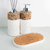 Kit lavabo Atenas com frascos decorativos e base de cortiça, ideal para banheiros e lavabos.