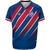 Camisa do Bahia II 24/25 masculina, com design em azul e vermelho, apresentando listras diagonais e o escudo do clube.