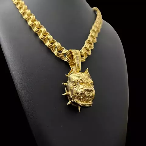 KIT CORDÃO FRISO TRIPLO+ PINGENTE PITBULL BANHADO OURO 18K