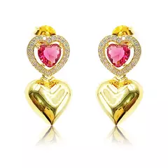 Brinco Coração Zircônia Rosa e Coração Liso 25mm Banhado à Ouro
