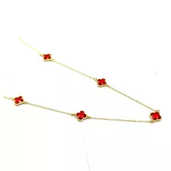 Colar Elos Cadeado Trevo Cristal Vermelho Banhado à Ouro 18k