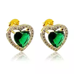 Brinco Coração Cravejado e Zircônia Verde Esmeralda Banhado à Ouro 18k