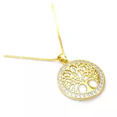 Colar Veneziana Com Pingente Arvore da Vida Cravejada Banhado à Ouro 18k