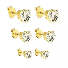 Kit Trio de Brincos de Zircônia Ponto de Luz Coração Banhado à Ouro 18k