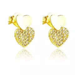 Brinco Pequeno Coração Liso 5mm e Coração Cravejado Banhado à Ouro