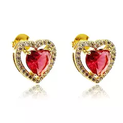Brinco Coração Cravejado e Zircônia Rosa Banhado à Ouro 18k