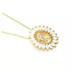 Colar Elos Cadeado Pingente Maria Mãe de Jesus em Zircônia Navetes Banhado à Ouro 18k