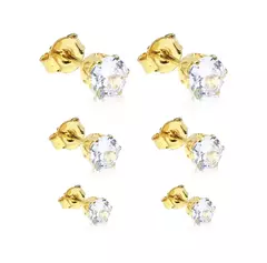 Trio de Brincos Ponto de luz Redondo de Zircônia Banhado à Ouro 18k