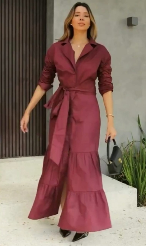 Vestido longo em tricoline, Vinho