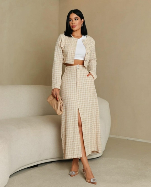 Conjunto xadrez em malha tweed, cor Off e bege