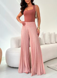 Calça Feminina Pantalona Plissada Com Brilho Cintura Alta