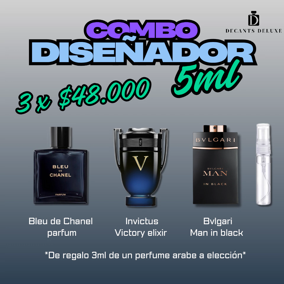 COMBO DISEÑADOR 5ML : BLEU + BVLGARI + INVICTUS + 3ML PERFUME ÁRABE