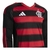 Camisa de torcedor do Flamengo I 25/26, manga longa, nas cores vermelha e preta, com listras e logo da Adidas. 