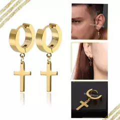 Par Aros Aritos Hombre Mujer Acero Quirúrgico Con Dije Cruz