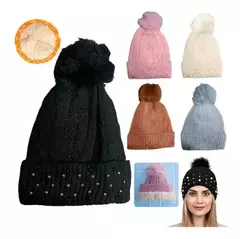 Gorro Lana Peluche Con Pompón Strass Mujer Invierno Frio
