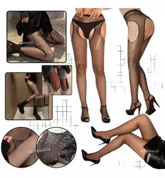 Medias Panty De Red Negro Con Brillo Strass Abertura Mujer