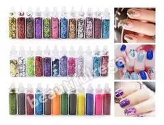 Set X 48 Glitter, Gibre Surtidos Para Uñas Decoraciones