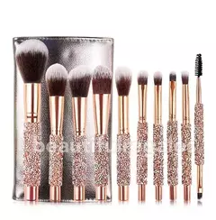 10 Brochas De Maquillaje Mango De Diamante Brillos + Estuche
