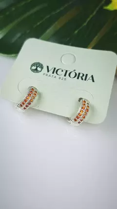 Brinco Argola Cravejado Zirconia Laranja 12mm Diâmetro Fecho Clic em Prata 925 na internet