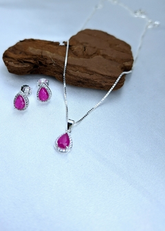 Conjunto Colar Pingente e Brincos Gota Zirconia em Prata 925