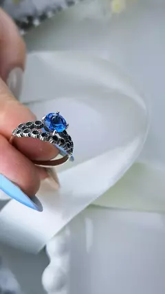 Anel Duplo Envelhecido Zirconia Azul em Prata 925 - Victória Joias em Prata 925