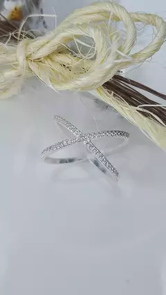 Anel X Cravejado Zirconia Cristal em Prata 925 - Victória Joias em Prata 925