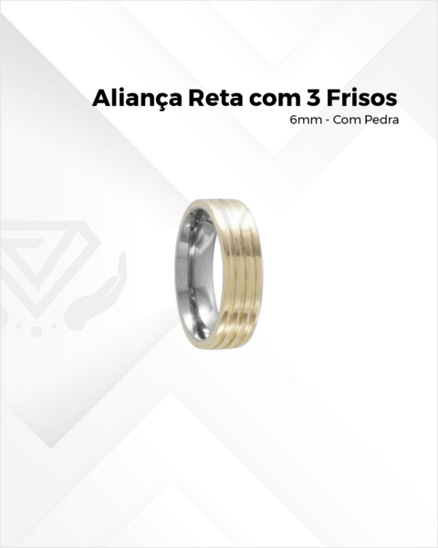 Aliança Reta com 3 Frisos 6mm - Com Pedra -
