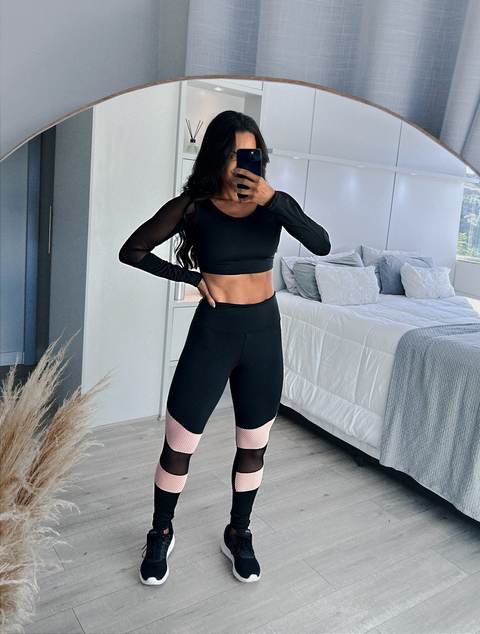 Conjunto Fitness 2 Peças Calça Legging Cintura Alta Com Detalhe Rosê + Cropped Manga Longa Em Tela e REF: LX101