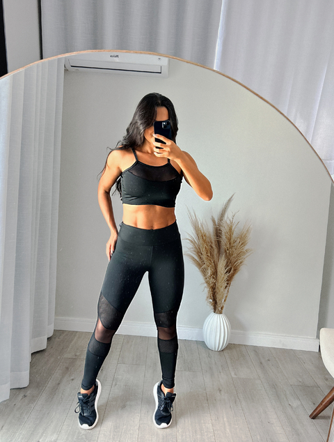 2 Peças Conjunto Fitness Feminino Calça Legging Cintura Alta Recortes Transparente + Top Cropped Alcinha Detalhe em Tela | REF: LX128