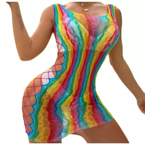 Vestido Sensual Arrastão Rainbow Com Detalhe Lateral