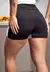 Short fitness preto com branco, cintura alta, vista traseira, destacando detalhes do design e ajuste.