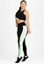 Conjunto de moda fitness com cropped preto e calça legging preta com detalhes em verde e branco.