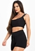 Conjunto fitness com cropped preto de alça dupla e short cintura alta com cardaço fake.