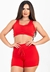 Conjunto cropped e short vermelho com cadarço fake, ideal para moda fitness.