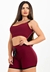 Conjunto fitness marsala com cropped de alça dupla e short cintura alta com cardaço fake.