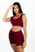 Conjunto fitness marsala com cropped de alças duplas e short cintura alta com cardaço fake.