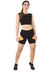 Conjunto fitness feminino composto por cropped preto e short preto com detalhes em amarelo.