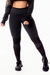 Calça legging fitness preta de cintura alta com detalhes em tela, ideal para academia.